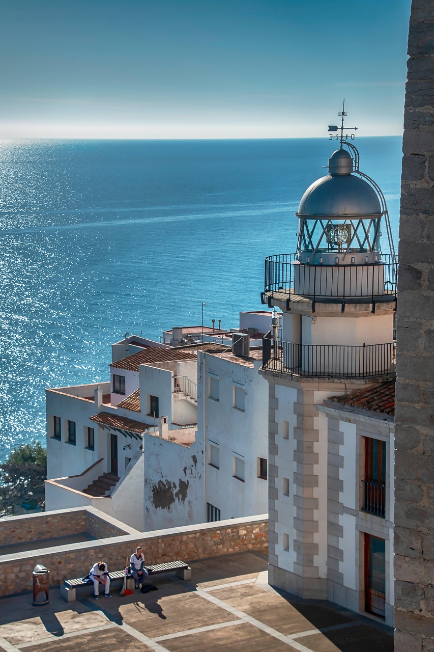 sea, lighthouse, people, nature, peniscola, lighting, sun, holiday, coast, landscape